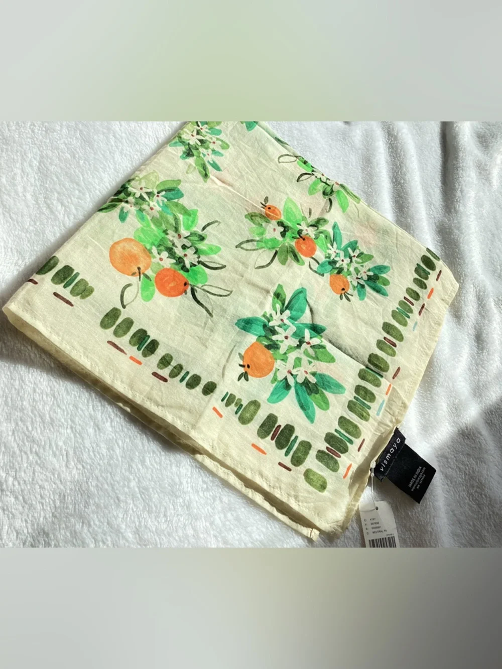 Anthropologie Cream Scarf with Green and Orange Floral Print